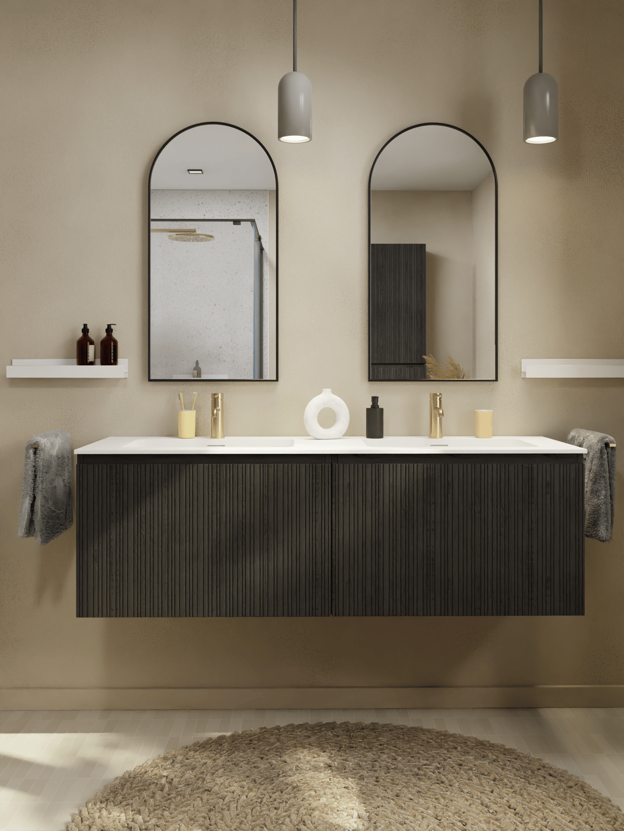 Storke Ribs meuble sous-lavabo suspendu 75 x 52 cm chêne noir 2 tiroirs