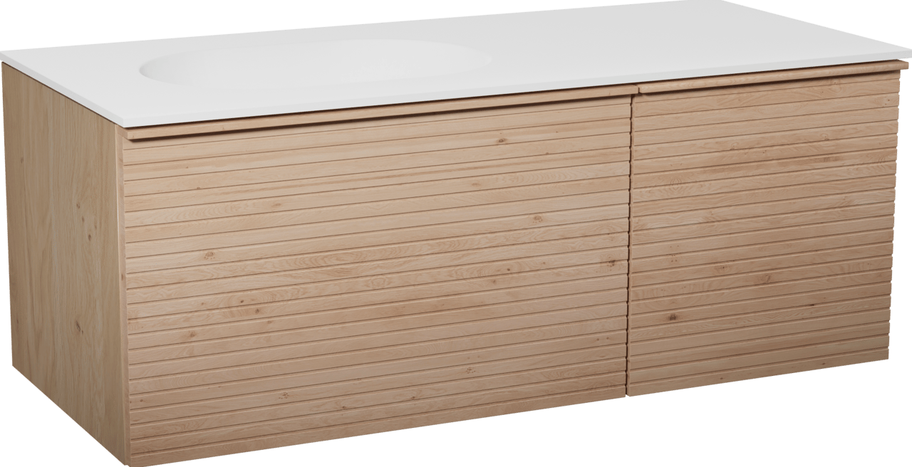 Balmani Forma hängendes Möbelstück Set: 120 x 55 cm, Naturbelassene Eiche, mit Tablo Oval Waschtisch links, Solid Surface, Weiß matt, Horizontale symmetrische gerade Rippe