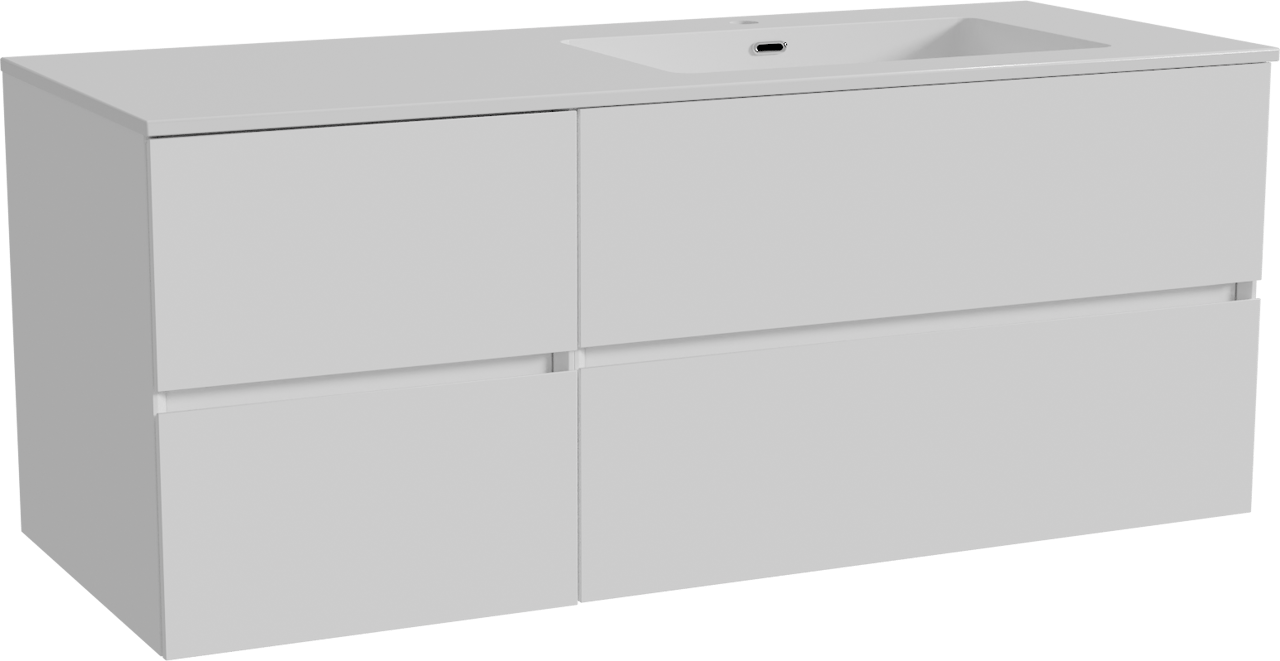 Storke Edge meuble salle de bains suspendu 130 x 52 cm blanc brillant avec Diva plan vasque asymétrique à droite en marbre composite blanc brillant