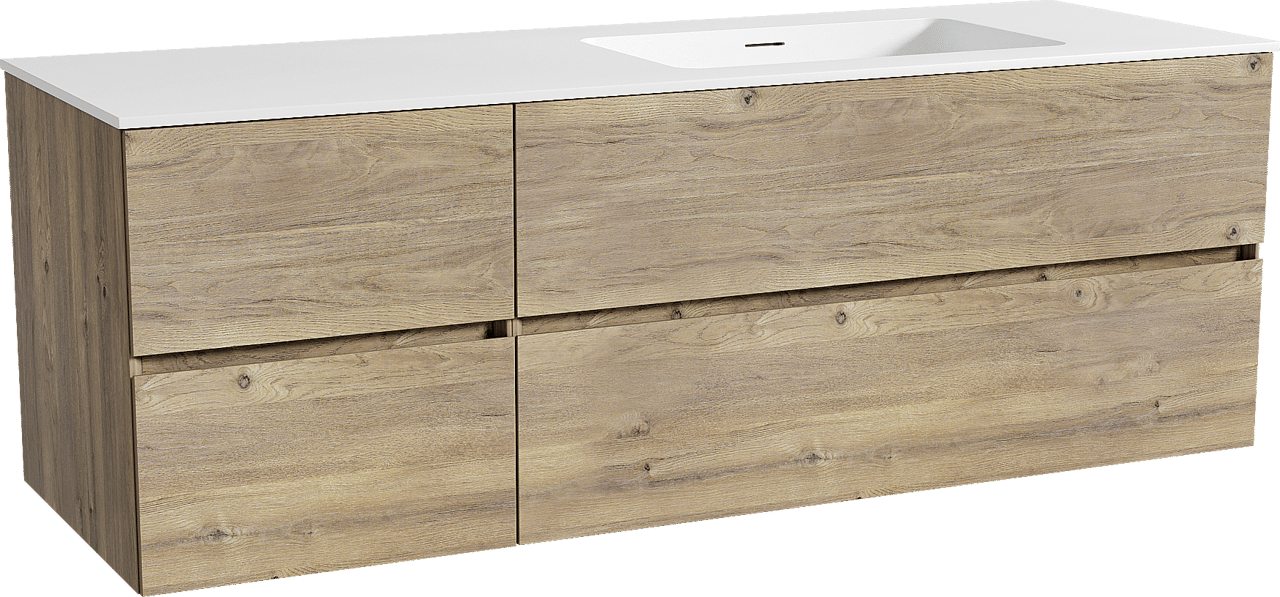 Storke Edge zwevend badmeubel 150 x 52 cm ruw eiken met Mata asymmetrisch rechtse wastafel in solid surface mat wit