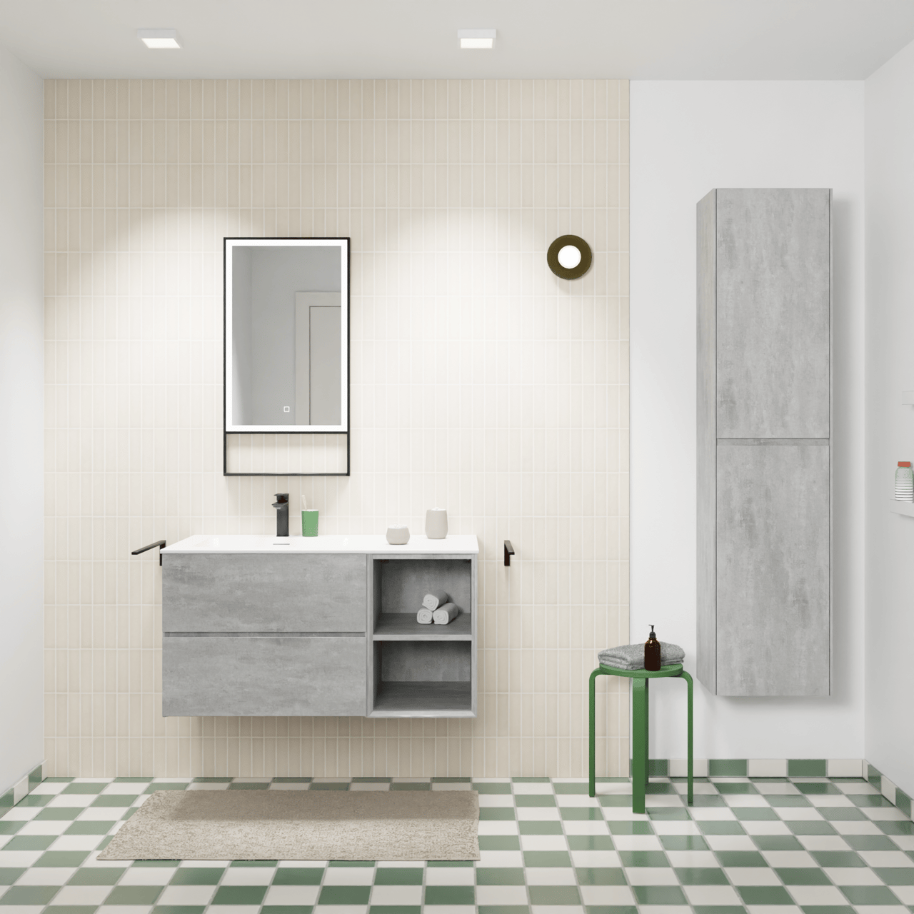 Storke Edge meuble salle de bains suspendu 100 x 52 cm béton gris foncé avec Mata plan vasque asymétrique à gauche en solid surface blanc mat