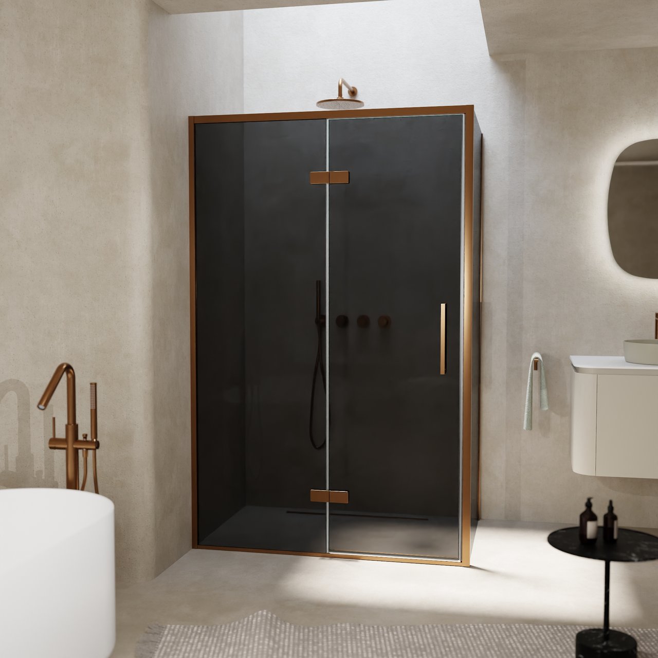 Balmani Senses Design douchehoek met linkse draaideur en vaste zijwand, 120 x 100 cm, Rookglas, Brushed Rosegold profielen, met coating