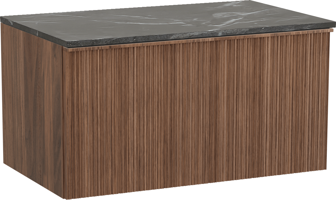 Balmani Forma meuble salle de bains suspendu 90 x 55 cm noyer américain avec Stretto tablette simple en marbre pietra grey, Nervure circulaire asymétrique verticale