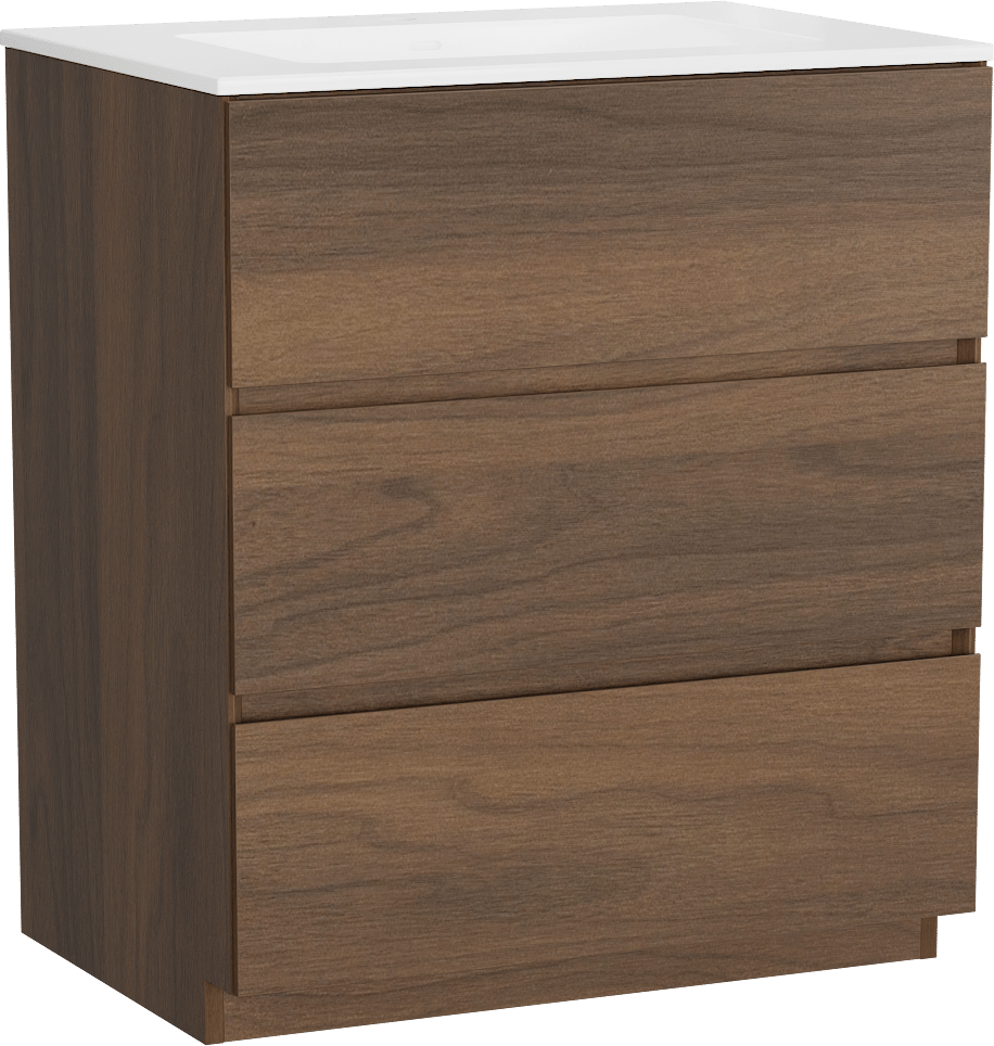 Storke Edge freistehendes Möbelstück Set: 75 x 52 cm, Nussbaum, mit Bilia Einzelwaschtisch, Marmorkomposit Weiß glänzend