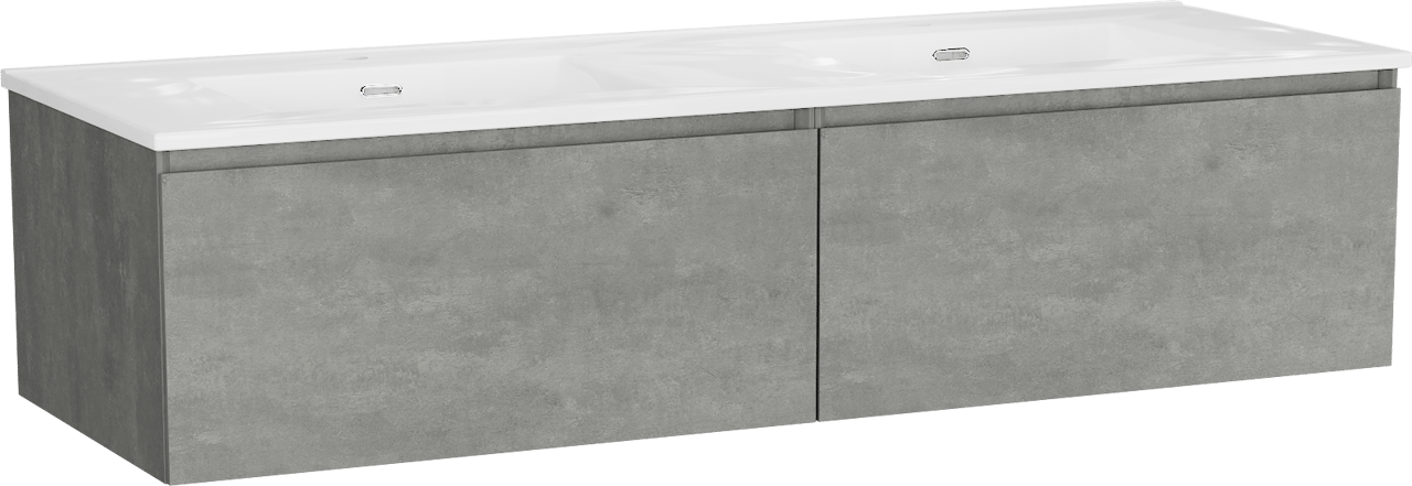 Storke Edge zwevend badkamermeubel 150 x 52 cm beton donkergrijs met Kera dubbele wastafel in porselein hoogglans wit, afvoerpluggen inbegrepen
