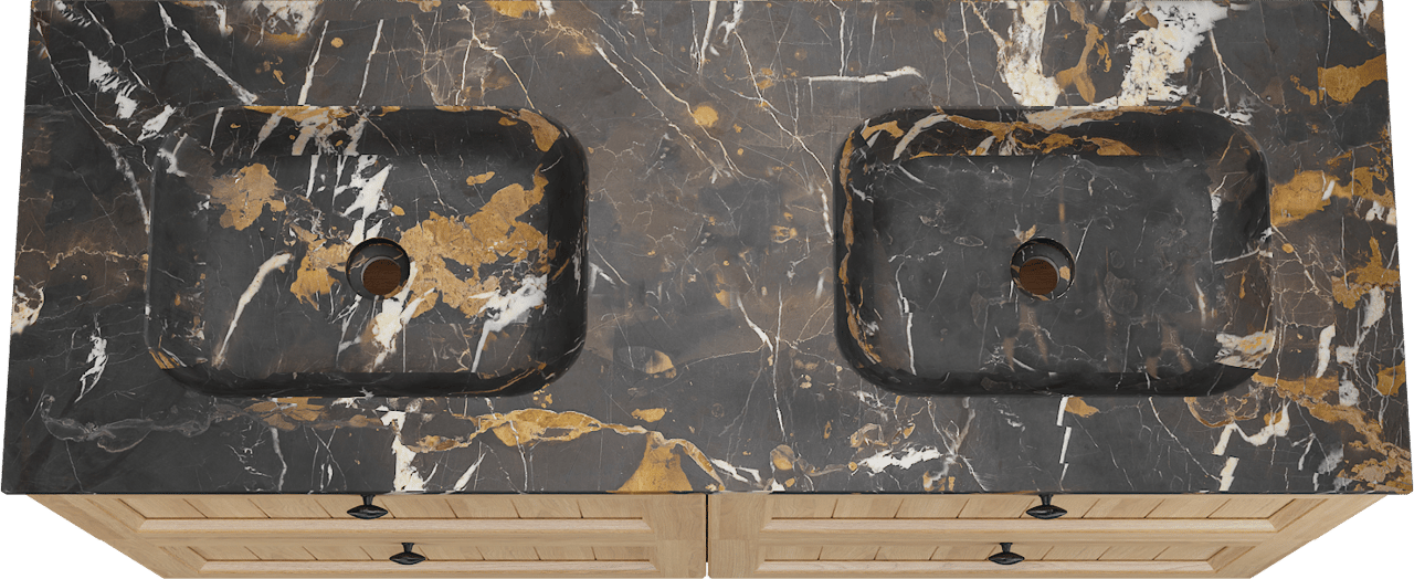 Balmani Lemon staand badkamermeubel 150 x 55 cm, fineer natuur eik met Tablo Arcato dubbele wastafel in portoro gold