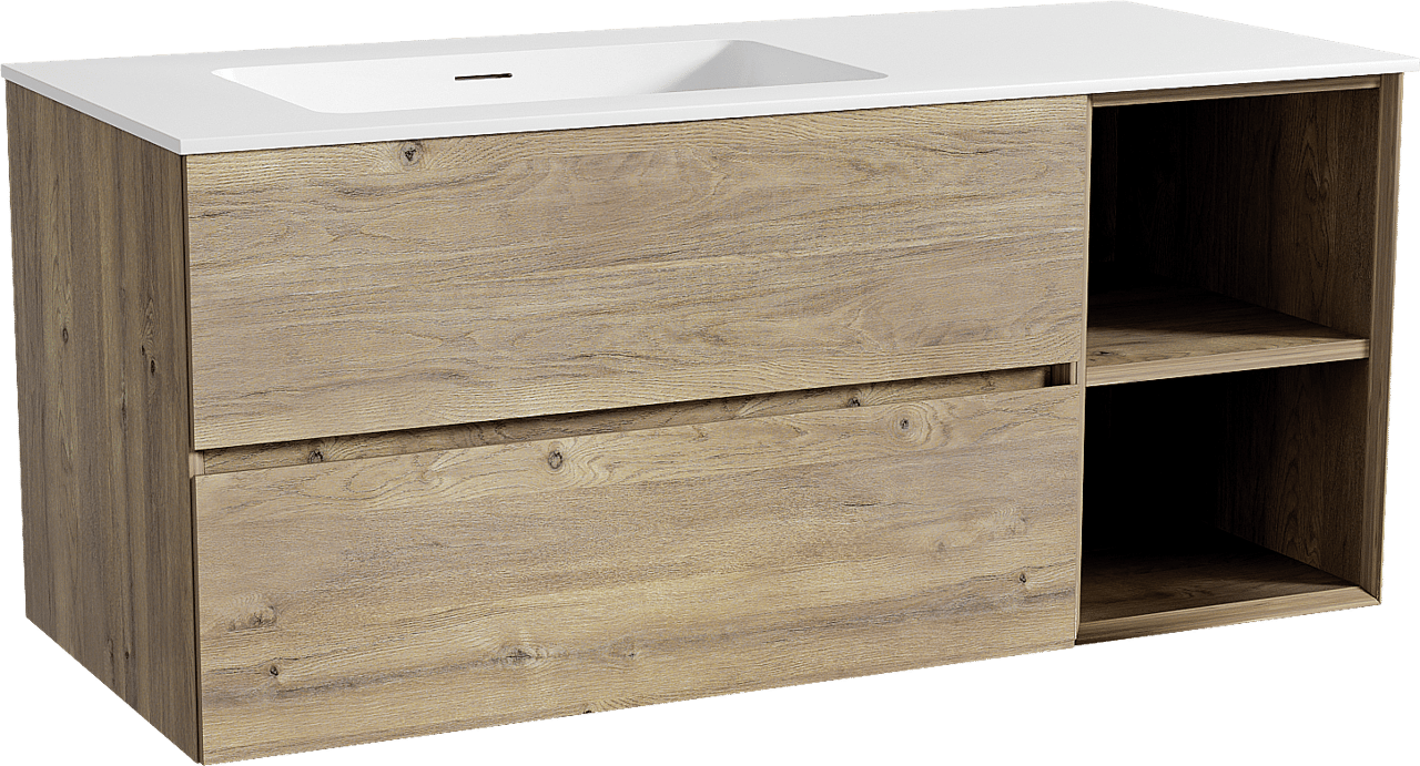Storke Edge zwevend badkamermeubel 120 x 52 cm ruwe eik met Mata asymmetrisch linkse wastafel in solid surface mat wit