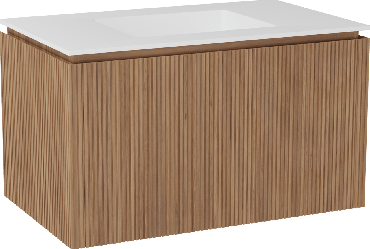 Balmani Eclips hängendes Möbelstück Set: 90 x 55 cm, Teak, mit Tablo Stretto Einzelwaschtisch Solid Surface Weiβ matt, Vertikale symmetrische gerade Rippe