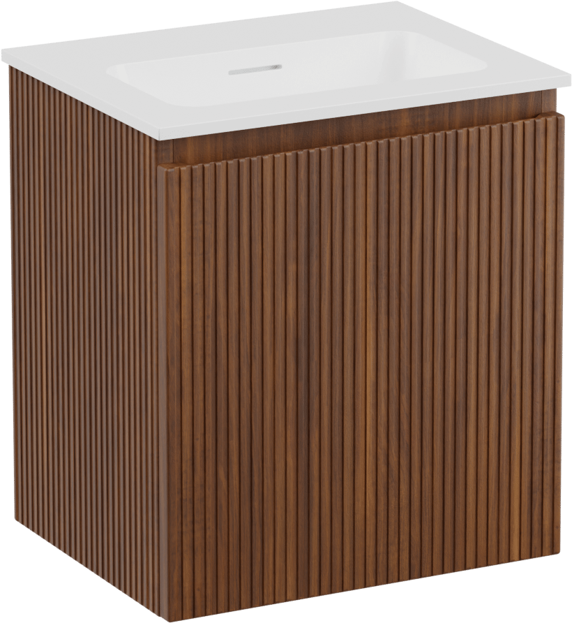 Storke Ribs zwevend badmeubel 45 x 35 cm notenhout met Mata enkele wastafel in solid surface mat wit, Verticale symmetrische rechte ribbel