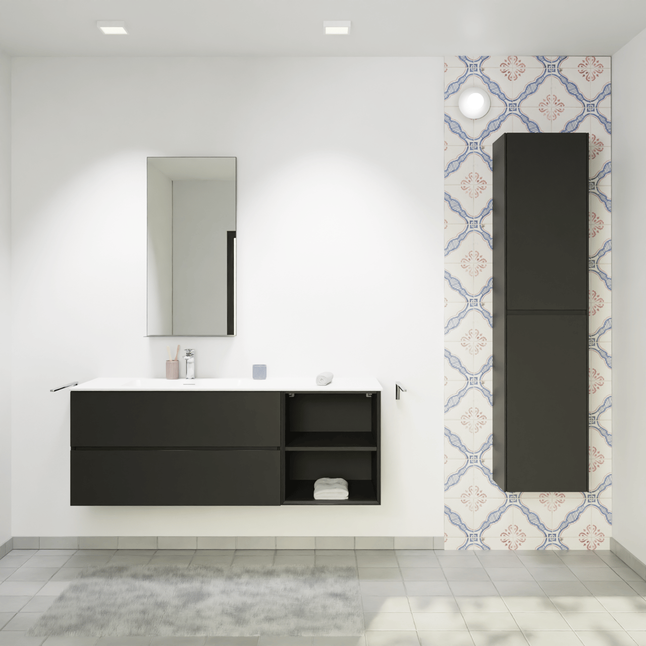 Storke Edge meuble salle de bains suspendu 140 x 52 cm noir mat avec Mata plan vasque asymétrique à gauche en solid surface blanc mat