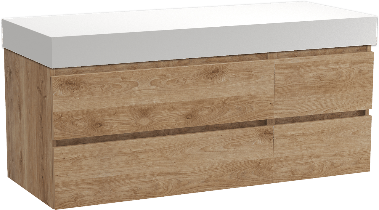 Balmani Lucida meuble salle de bains suspendu 135 x 55 cm chêne brut avec Dominus tablette simple ou double en solid surface blanc mat