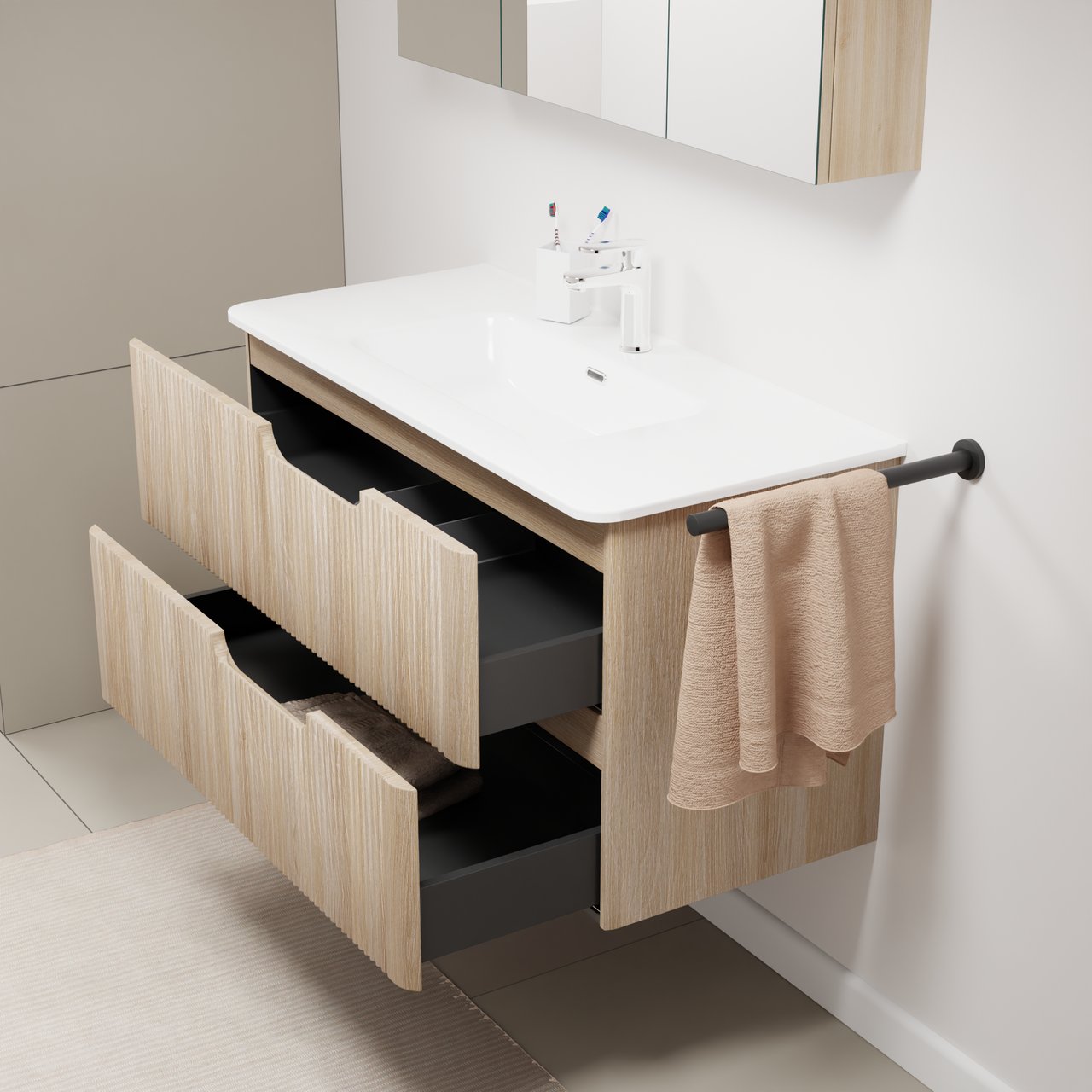 Linie Curvo hängendes Möbelstück Set: 100 x 46 cm, Eiche Hell, mit Baro Curvo Einzelwaschtisch Keramik Weiβ glänzend, Vertikale symmetrische runde Rippe