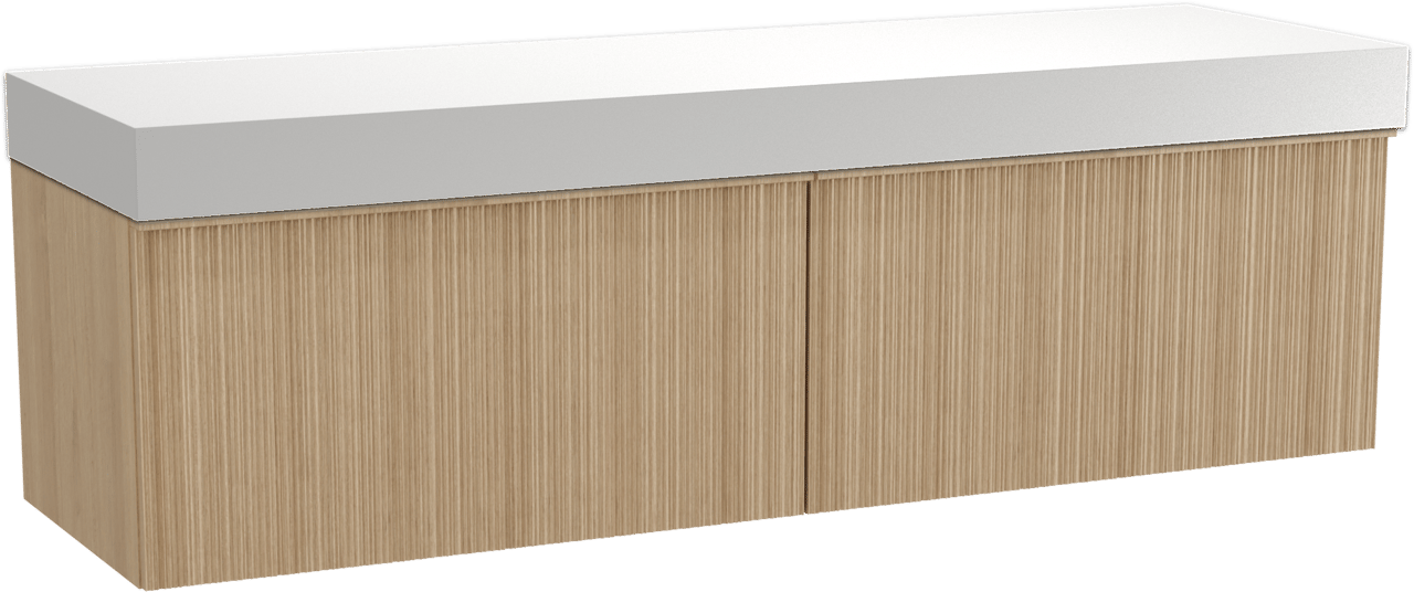 Balmani Forma meuble salle de bains suspendu 180 x 55 cm chêne naturel avec Dominus tablette simple ou double en solid surface blanc mat, Nervure circulaire asymétrique verticale