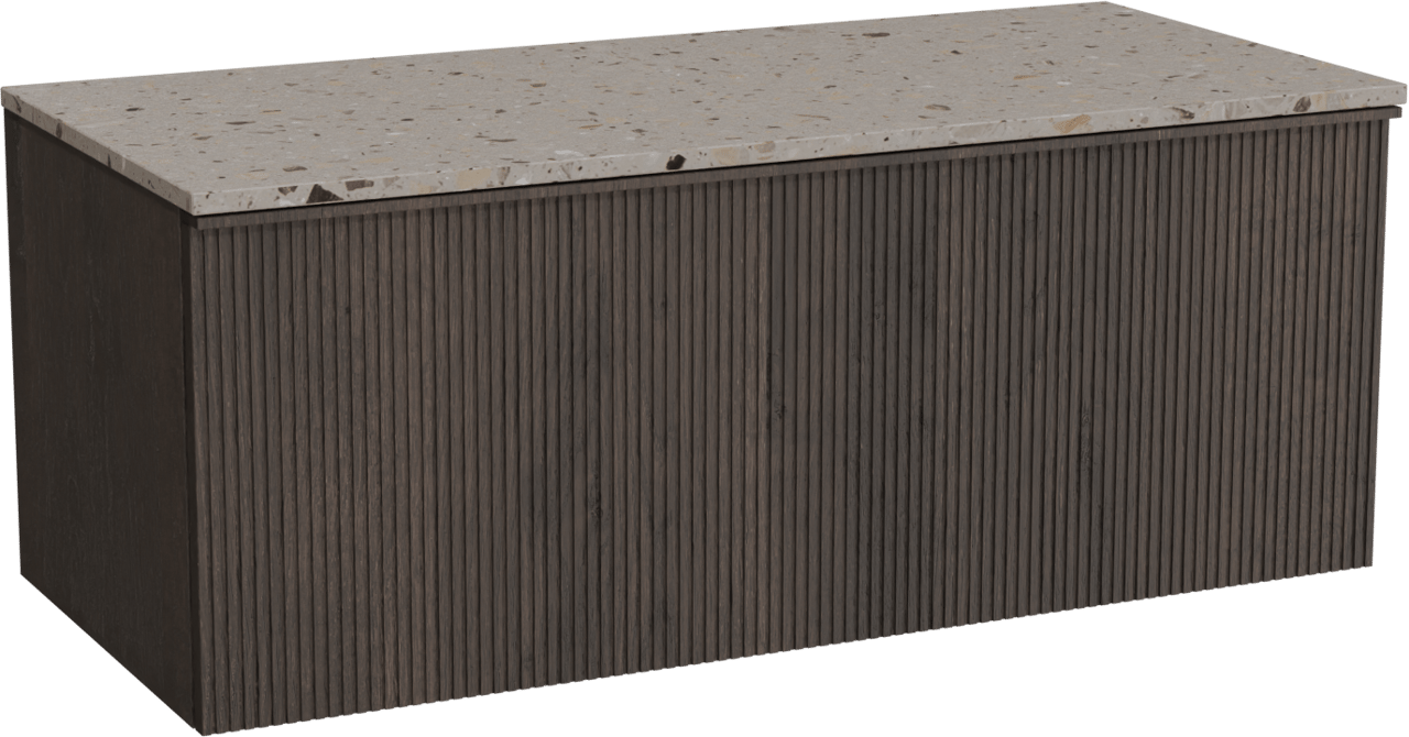 Balmani Forma zwevend badkamermeubel 120 x 55 cm gerookte eik met Stretto enkel of dubbel tablet in terrazzo greige terrazzo, Verticale symmetrische rechte ribbel