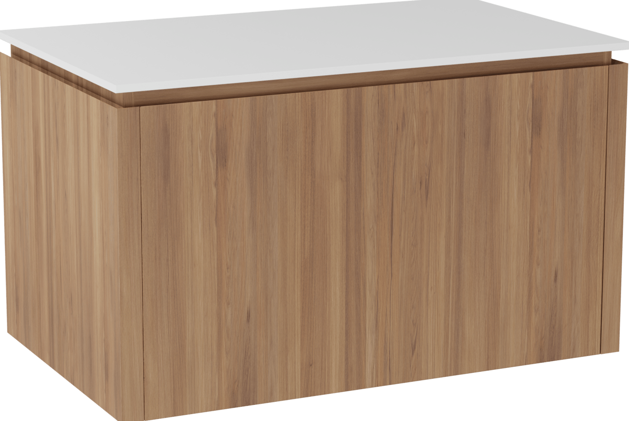 Balmani Eclips hängendes Möbelstück Set: 90 x 55 cm, Teak, mit Stretto Einzel Waschtischplatte Solid Surface Weiβ matt