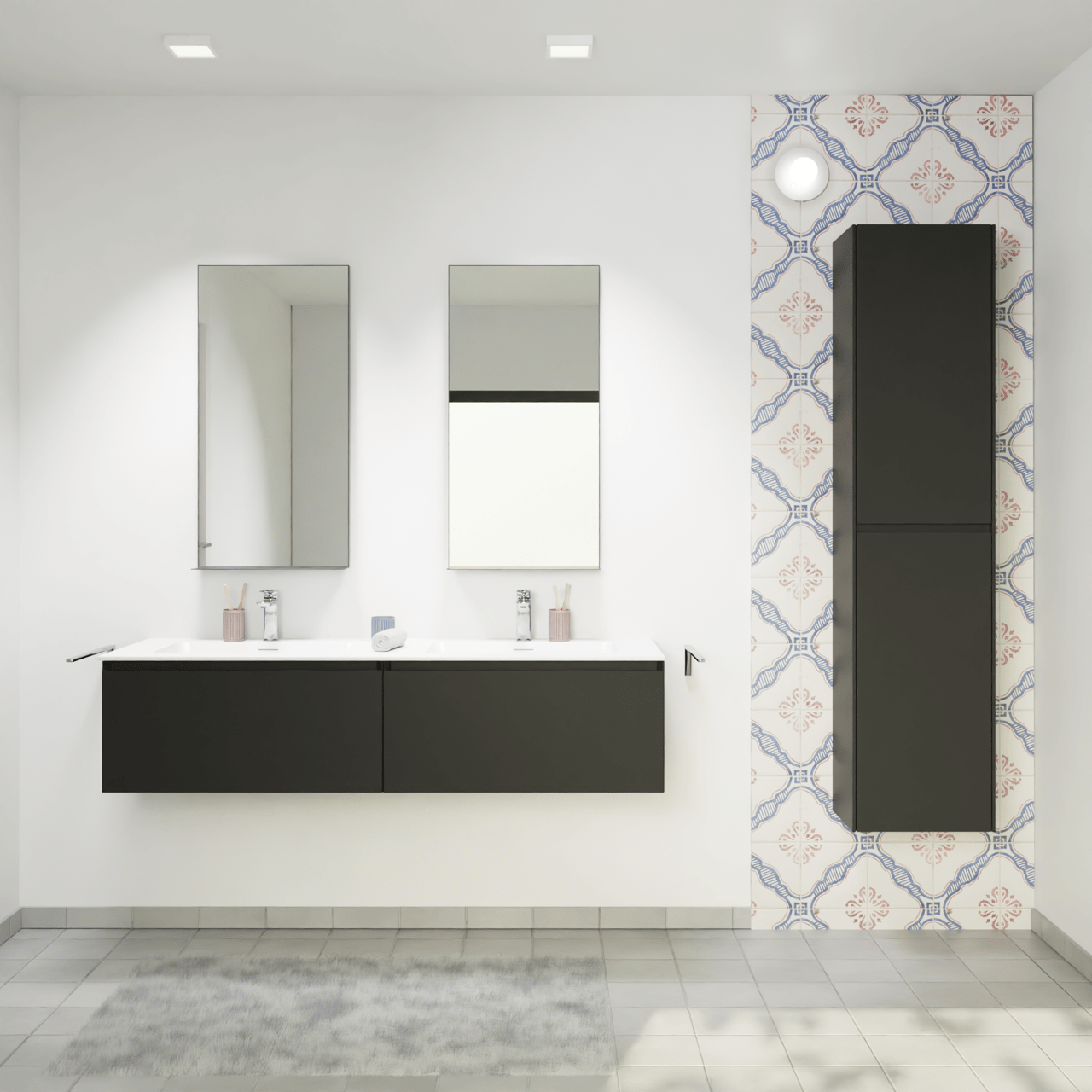 Storke Edge zwevend badkamermeubel 150 x 52 cm mat zwart met Mata dubbele wastafel in solid surface mat wit