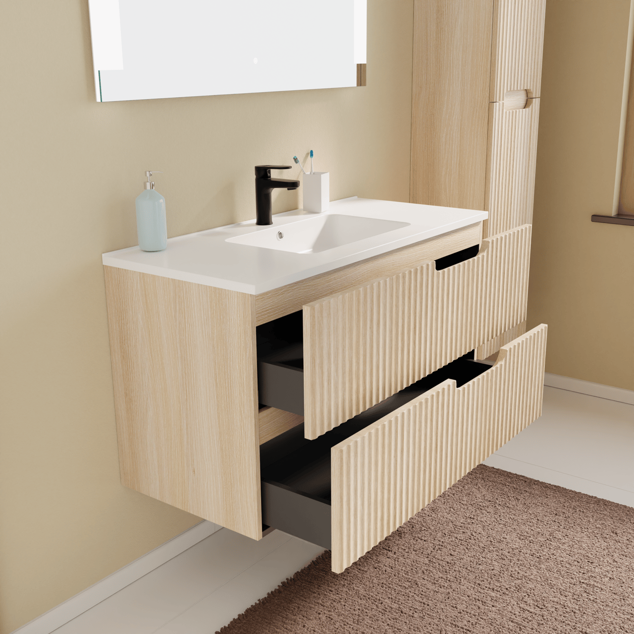 Linie Ribbo zwevend badkamermeubel 100 x 46 cm lichte eik met Lado enkel of dubbel tablet in composietmarmer glanzend wit, Verticale symmetrische ronde ribbel
