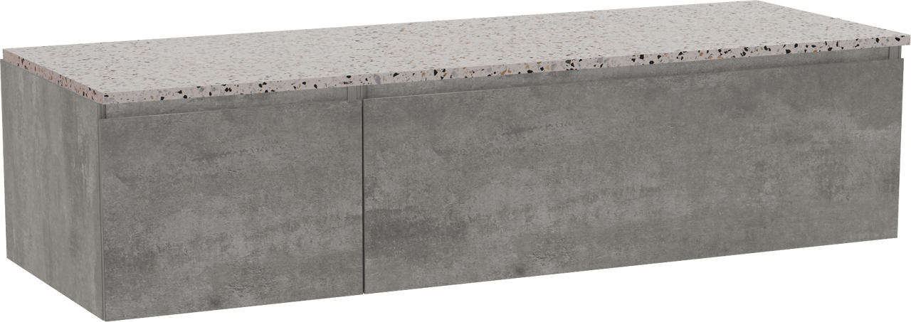 Storke Edge zwevend badmeubel 150 x 52 cm beton donkergrijs met Tavola enkel of dubbel wastafelblad in mat wit/zwart terrazzo