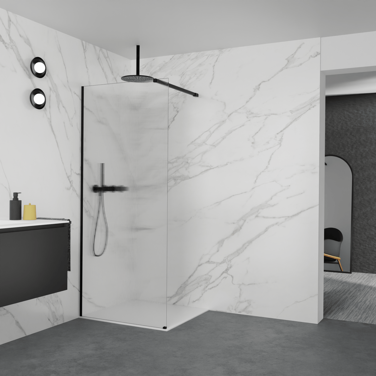 Balmani Modular Walk-In Dusche: 90 x 200 cm, Ribs, inklusive Coating, Profil Schwarz matt