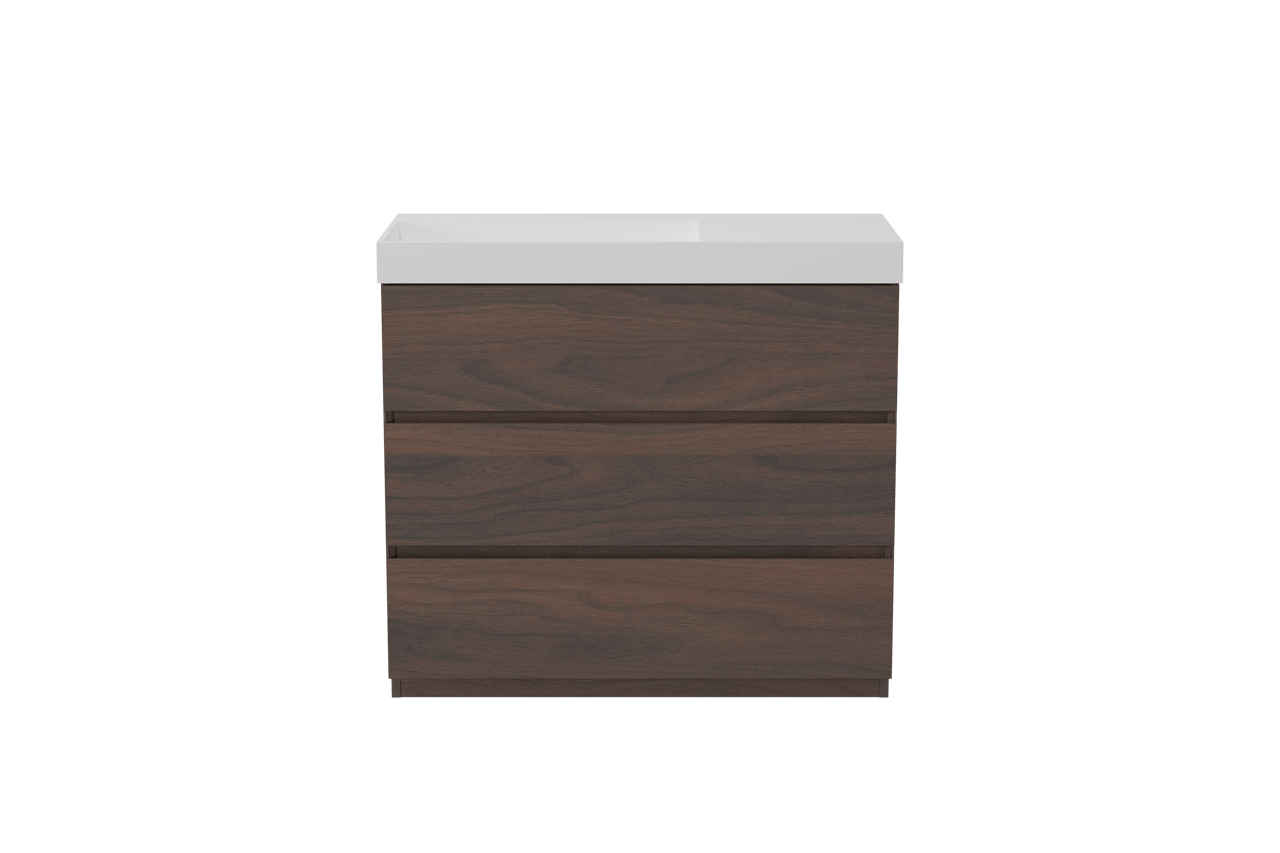 Storke Edge staand badkamermeubel 100 x 46 cm notelaar met Jura asymmetrisch linkse wastafel in solid surface mat wit