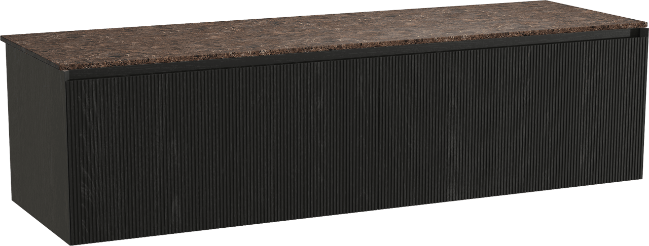 Balmani Fila by Mitra hängendes Möbelstück Set: 180 x 55 cm, Schwarze Eiche, mit Stretto Einzel- oder Doppel Waschtischplatte, Marmor, Dark Emperador, Vertikale symmetrische gerade Rippe