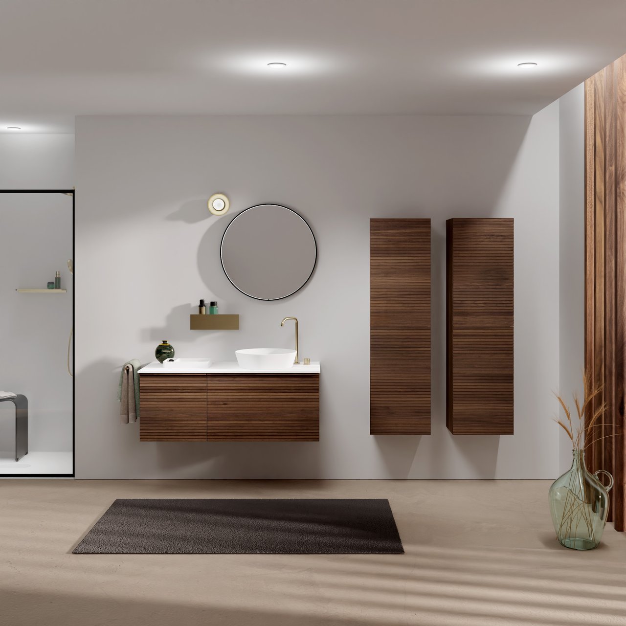 Balmani Forma meuble salle de bains suspendu 120 x 55 cm noyer américain avec Stretto tablette simple ou double en solid surface blanc mat, Nervure droite symétrique horizontale