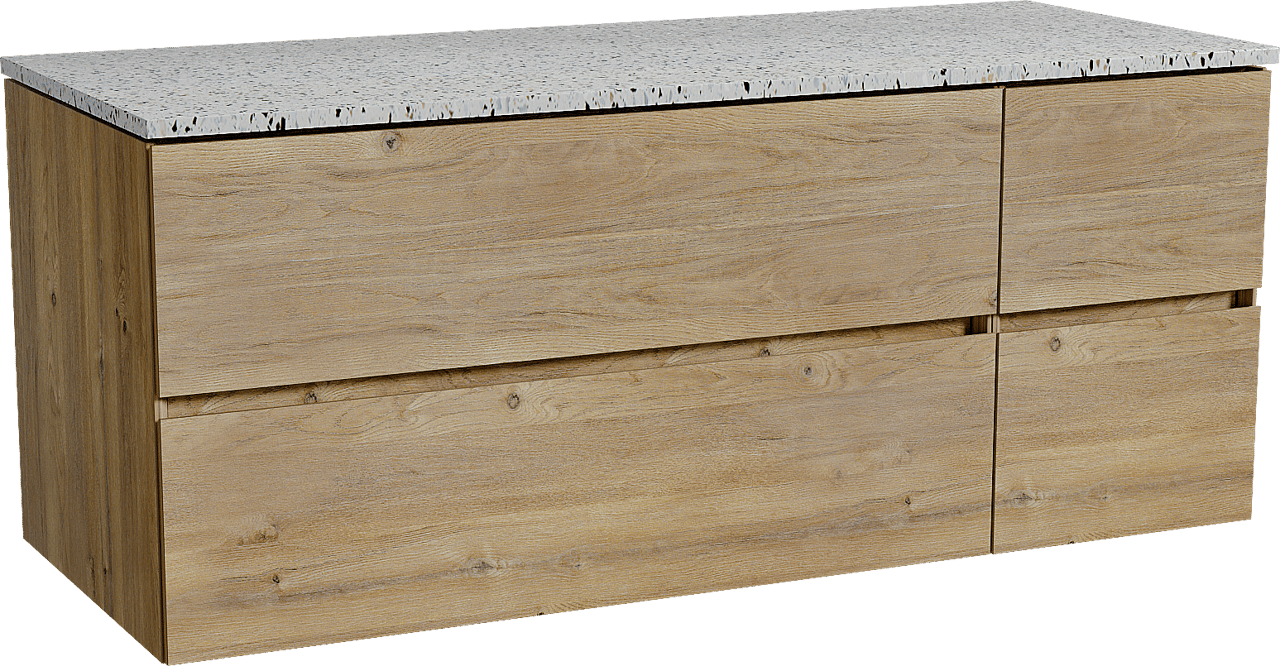Storke Edge zwevend badkamermeubel 130 x 52 cm ruwe eik met Tavola enkel of dubbel tablet in mat wit/zwart terrazzo