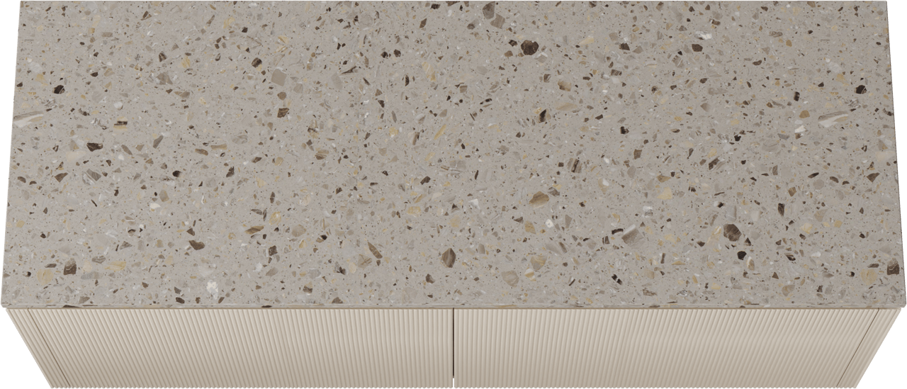 Balmani Eclips zwevend badkamermeubel 150 x 55 cm Sandbeige met Stretto enkel of dubbel tablet in Greige terrazzo, Verticale symmetrische rechte ribbel