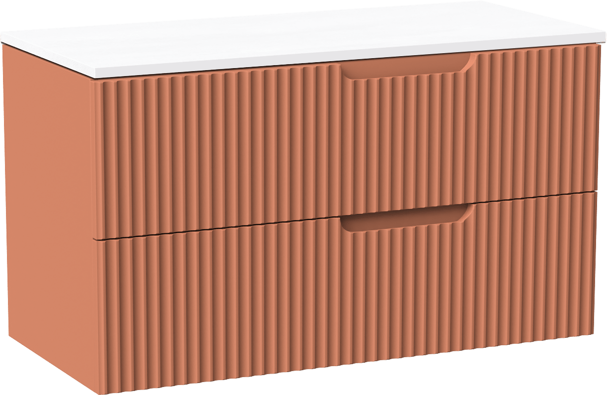 Linie Ribbo meuble salle de bains suspendu 100 x 46 cm cotto avec Lado tablette simple ou double en marbre composite blanc brillant, Nervure circulaire symétrique verticale