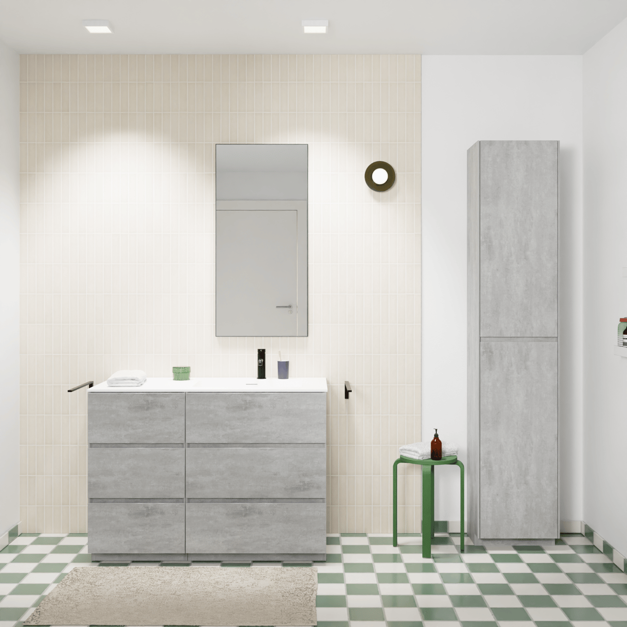 Storke Edge meuble salle de bains à poser 110 x 52 cm béton gris foncé avec Mata plan vasque asymétrique à droite en solid surface blanc mat