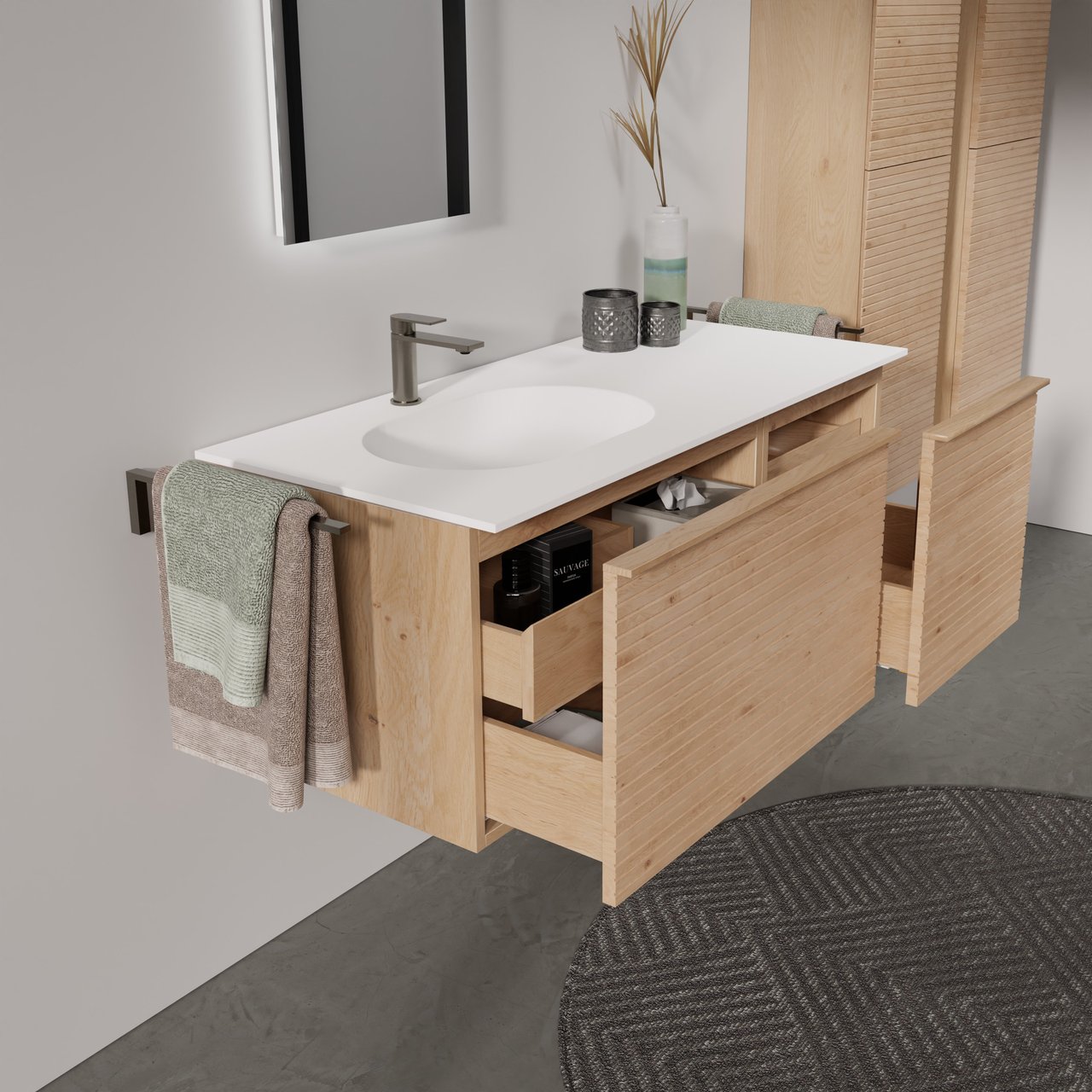 Balmani Forma hängendes Möbelstück Set: 120 x 55 cm, Naturbelassene Eiche, mit Tablo Oval Waschtisch links, Solid Surface, Weiß matt, Horizontale symmetrische gerade Rippe