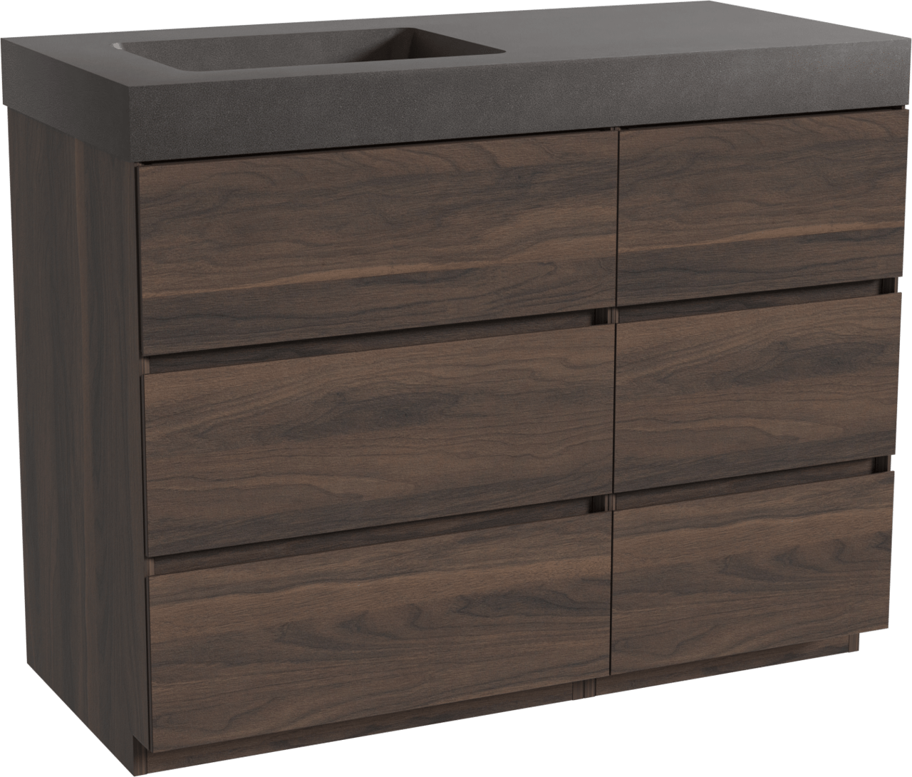 Storke Edge staand badmeubel 110 x 52 cm notenhout met Scuro High asymmetrisch linkse wastafel in kwarts mat zwart