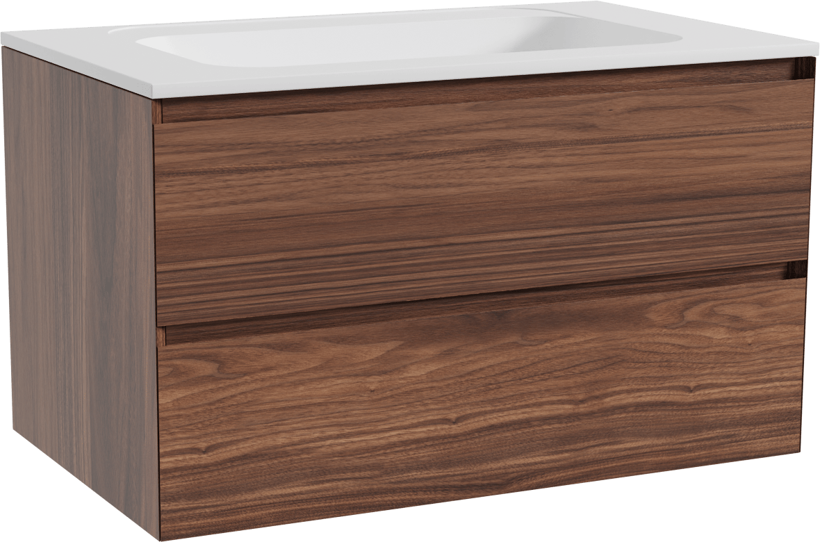 Balmani Mitra meuble salle de bains suspendu 90 x 55 cm noyer avec Tablo Strada plan simple en marbre composite blanc mat