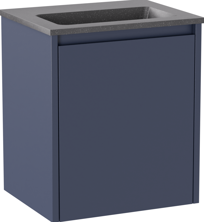 Storke Seda meuble salle de bains suspendu 45 x 35 cm bleu nuit avec Scuro plan simple en Quartz noir mat