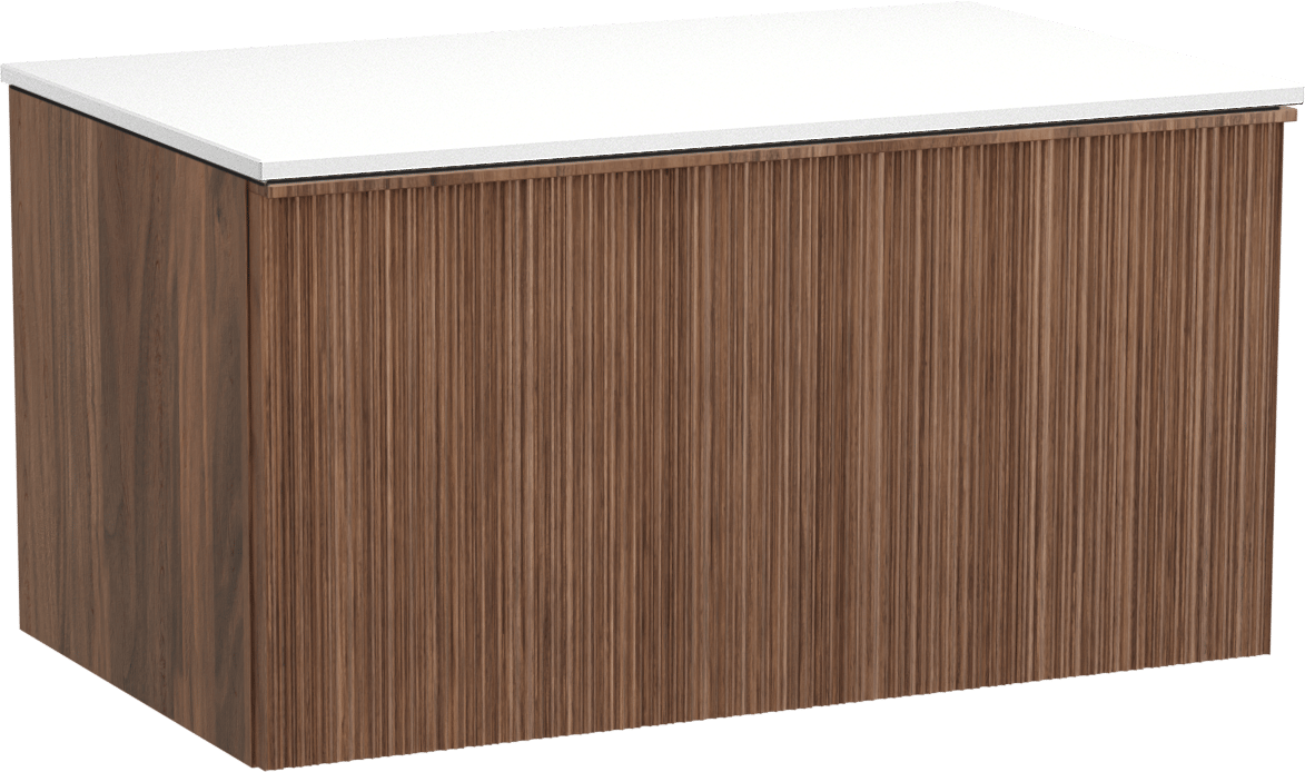 Balmani Forma meuble salle de bains suspendu 90 x 55 cm noyer américain avec Stretto tablette simple en solid surface blanc mat, Nervure circulaire asymétrique verticale