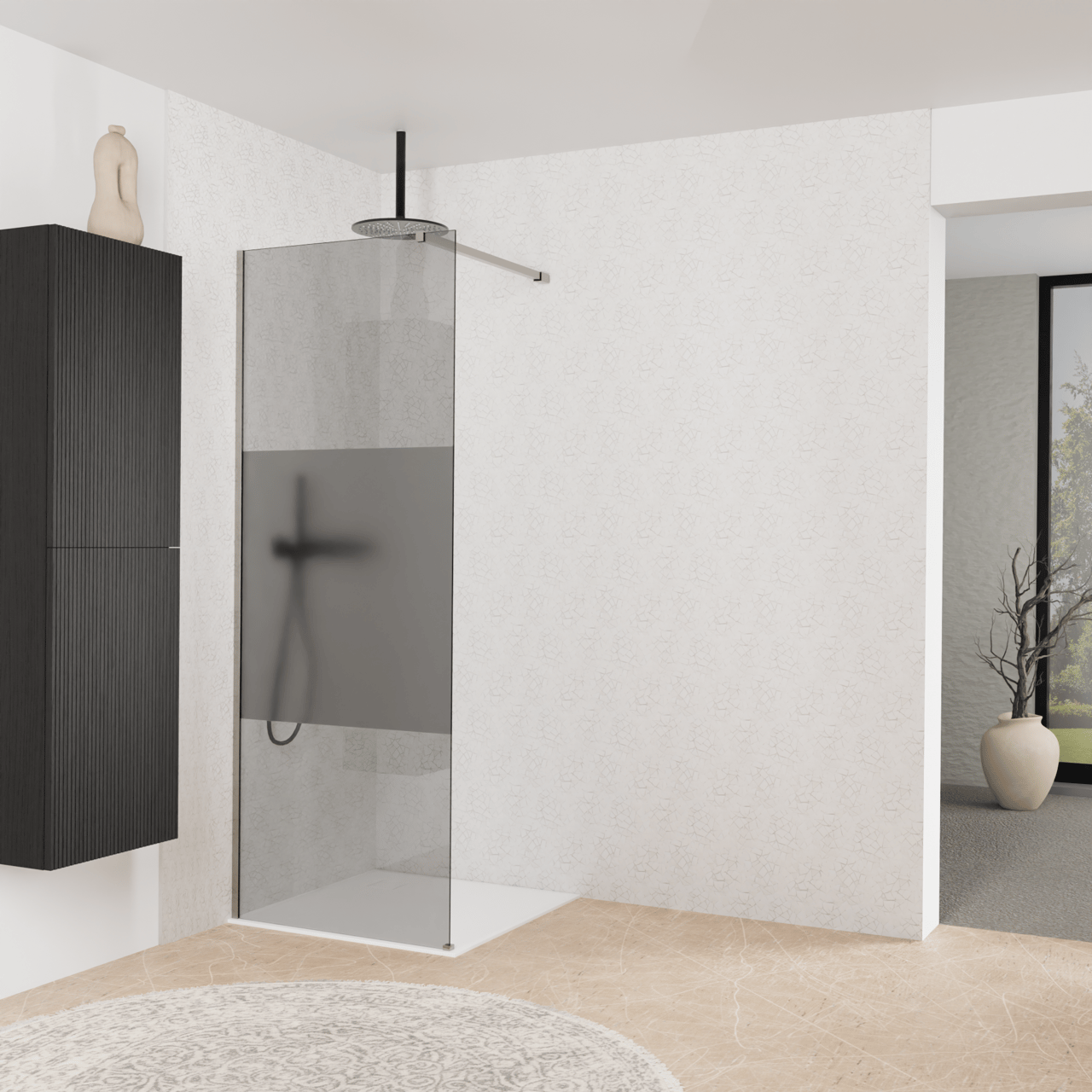 Balmani Modular inloopdouche: 80 x 200 cm, Rookglas met matte strook met coating, Brushed Inox profielen