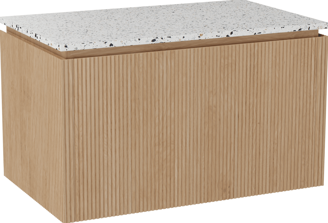 Balmani Eclips meuble salle de bains suspendu 90 x 55 cm Chêne naturelle avec Stretto tablette simple en Bianco Nero Terrazzo, Nervure droite symétrique verticale