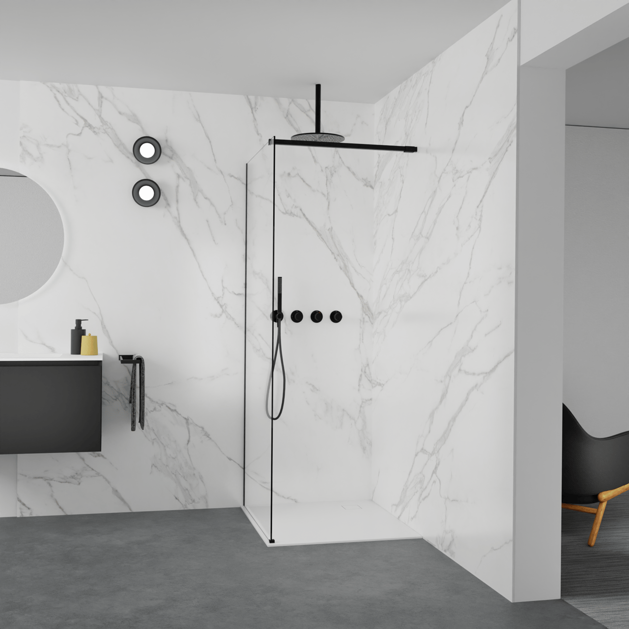 Balmani Modular inloopdouche: 90 x 200 cm, Extra helder glas met coating, Mat zwarte profielen