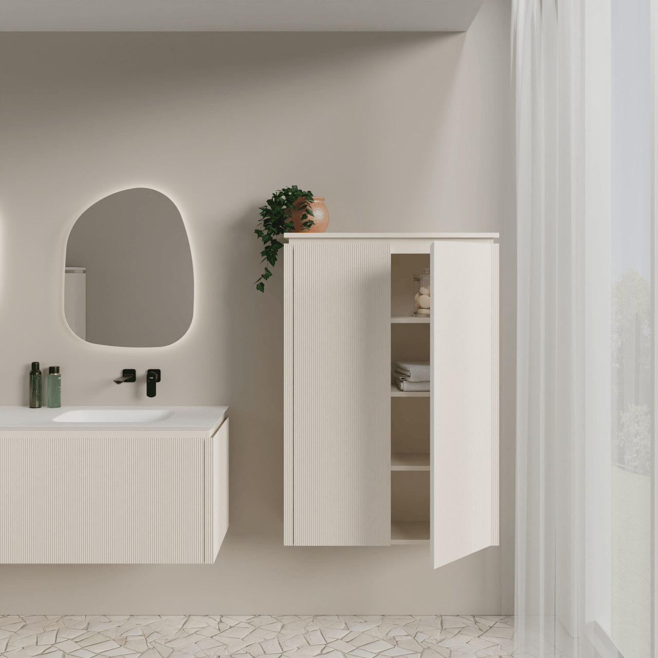 Balmani Eclips Ribs zwevende kolomkast Sandbeige 90 x 32 x 130 cm vert. sym. groef