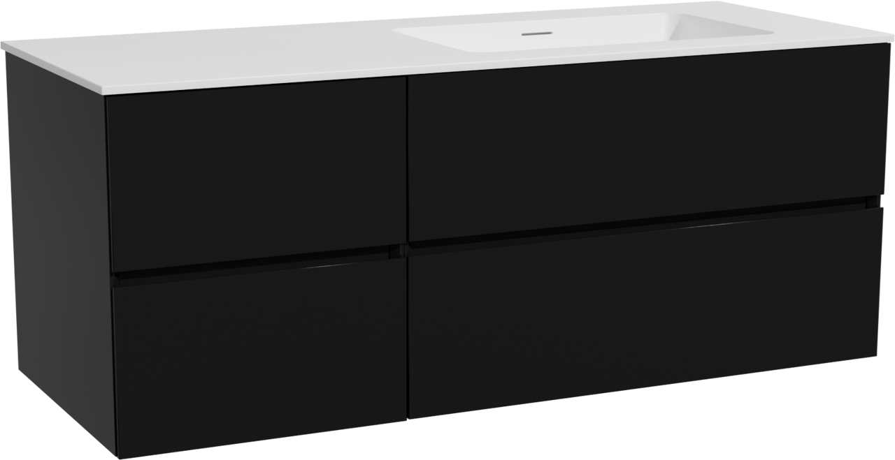 Storke Edge meuble salle de bains suspendu 130 x 52 cm noir mat avec Mata plan vasque asymétrique à droite en solid surface blanc mat