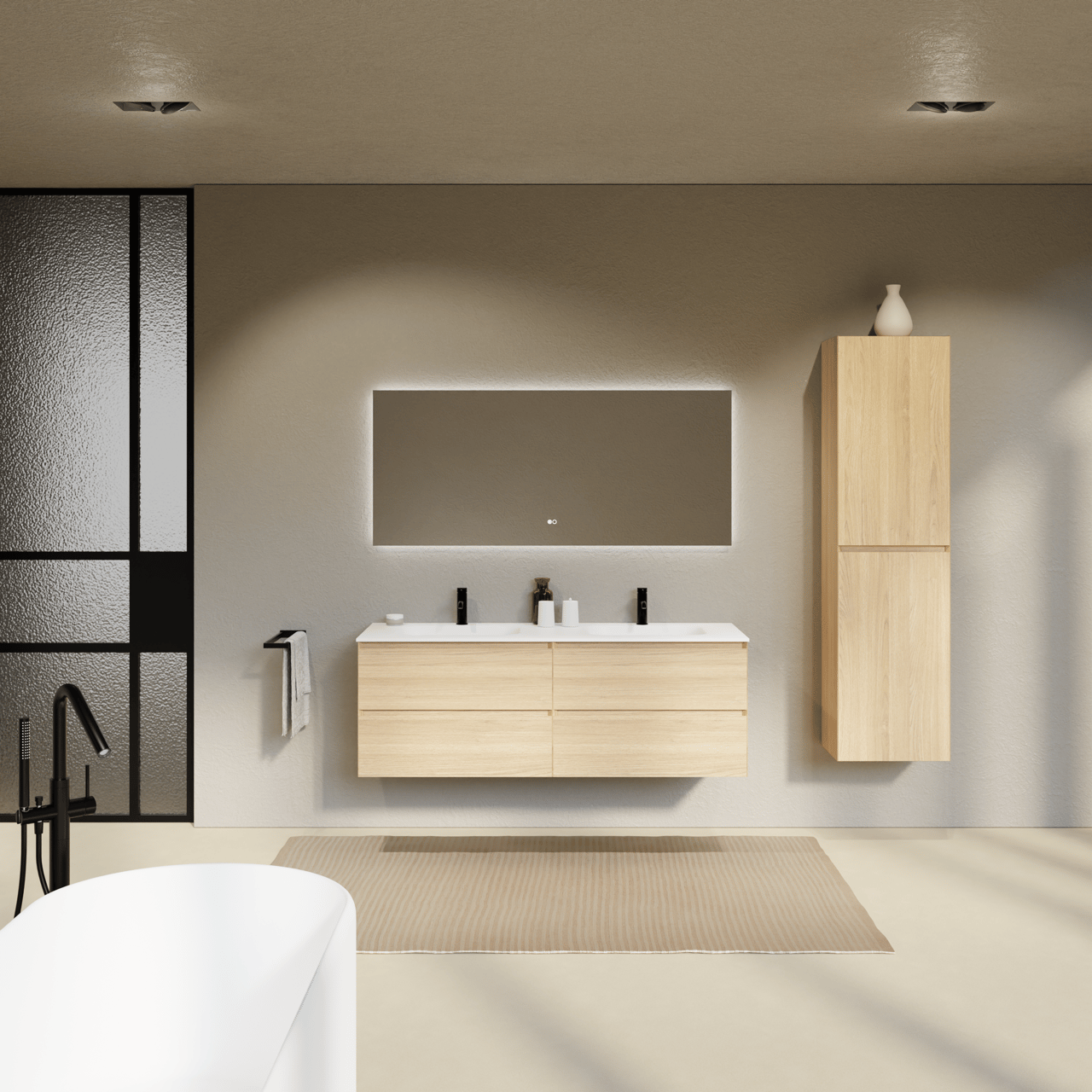 Balmani Mitra zwevend badmeubel 150 x 55 cm naturel eiken met Tablo Arcato dubbele wastafel in solid surface mat wit