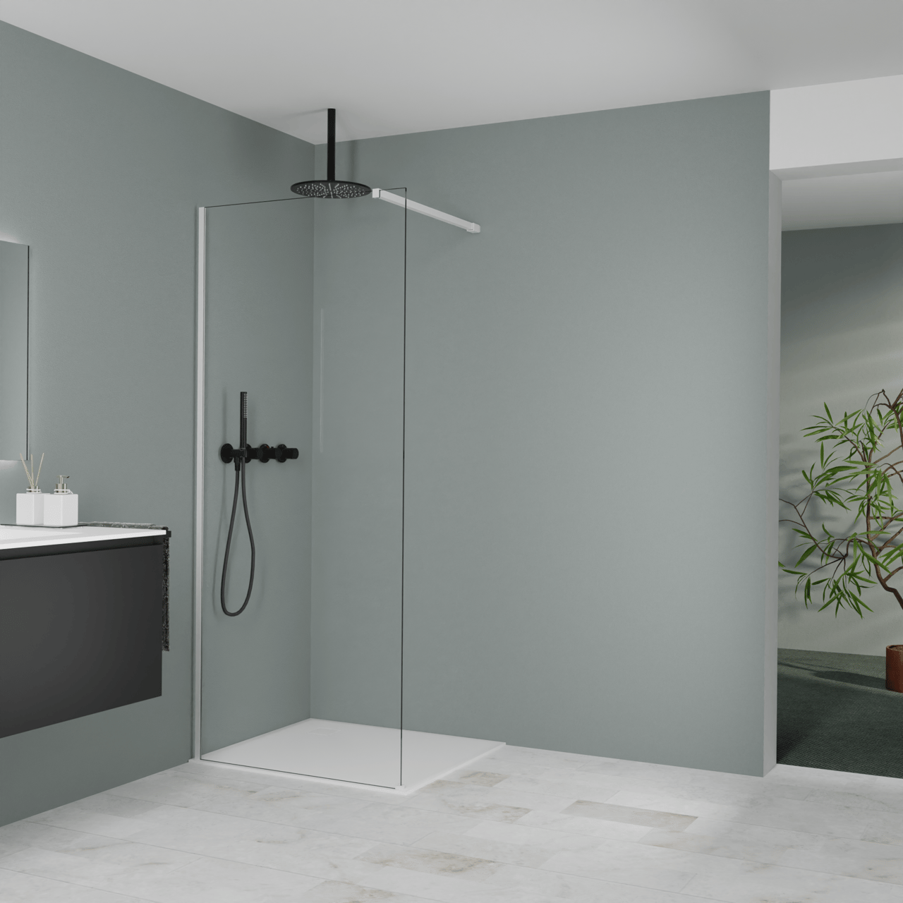 Balmani Modular inloopdouche: 90 x 200 cm, Helder glas, Mat witte profielen