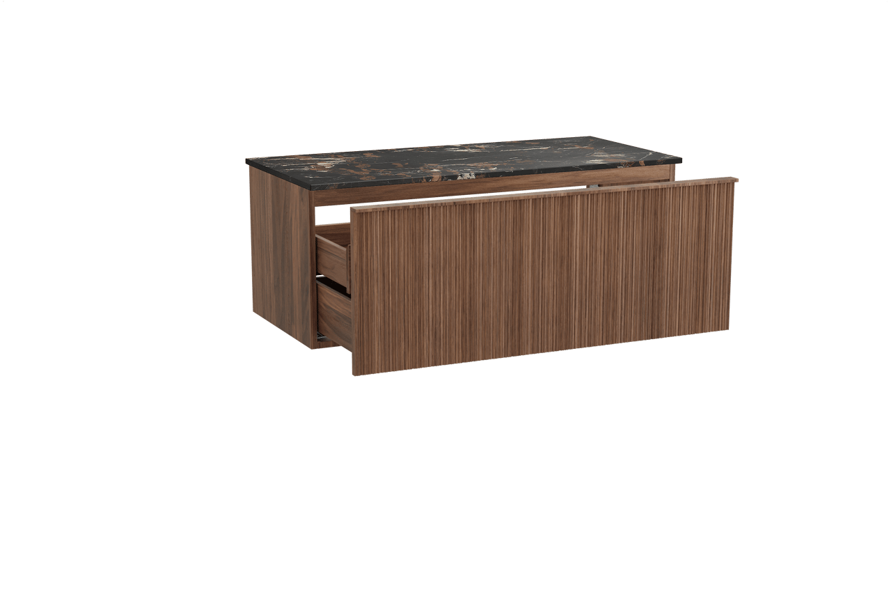 Balmani Forma zwevend badkamermeubel 120 x 55 cm amerikaanse notelaar met Stretto enkel tablet in marmer portoro gold, Verticale asymmetrische ronde ribbel
