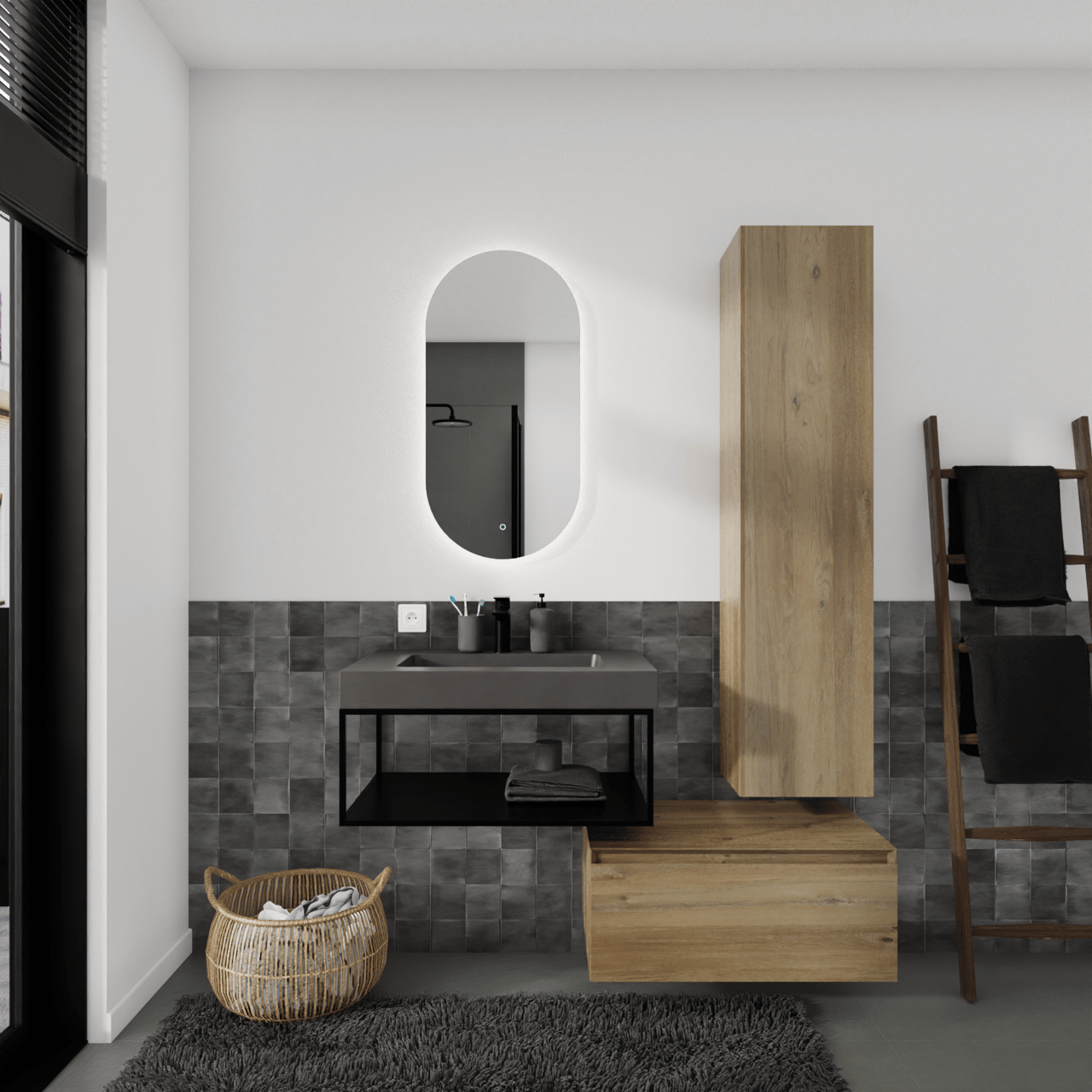 Storke Edge Modulo hängender Waschbeckenunterschrank: 75 x 48 cm, Eiche rustikal, 1 Schublade