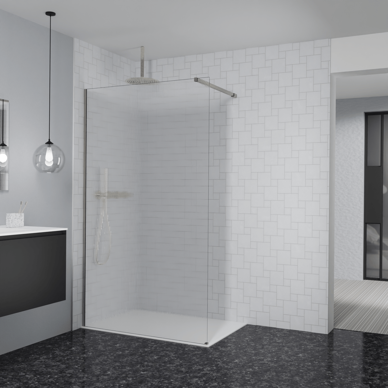 Balmani Modular Walk-In Dusche: 120 x 200 cm, Ribs, inklusive Coating, Profil Brushed CoolMetal