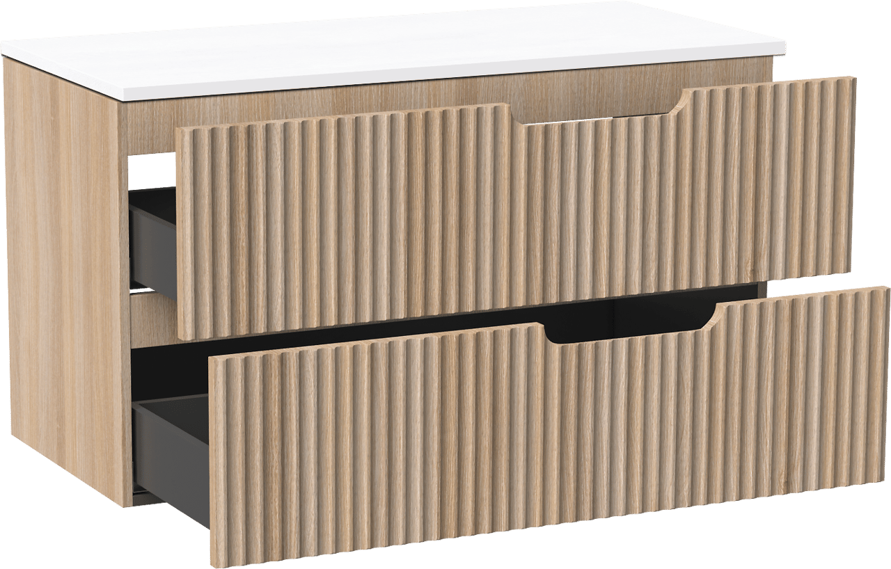 Linie Ribbo zwevend badkamermeubel 100 x 46 cm lichte eik met Lado enkel of dubbel tablet in composietmarmer glanzend wit, Verticale symmetrische ronde ribbel