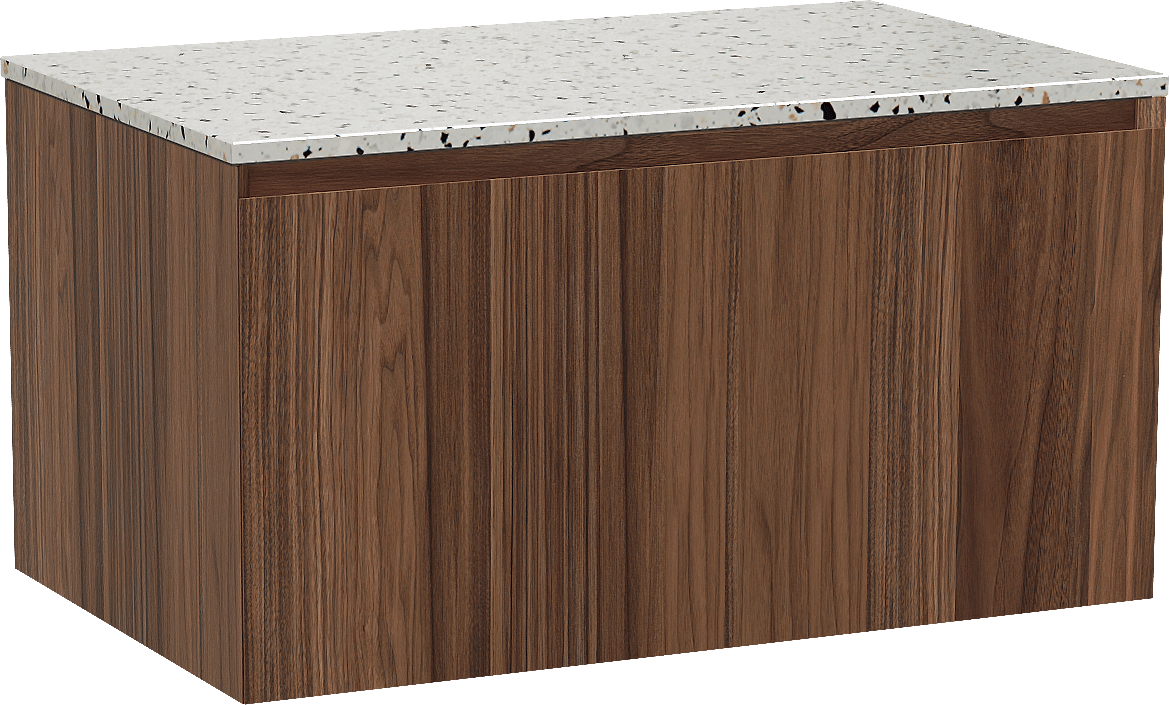 Balmani Idra by Mitra meuble salle de bains suspendu 90 x 55 cm noyer avec Stretto tablette simple en blanc/noir mat terrazzo