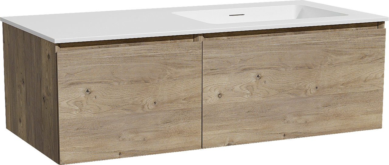 Storke Edge zwevend badmeubel 110 x 52 cm ruw eiken met Mata asymmetrisch rechtse wastafel in solid surface mat wit
