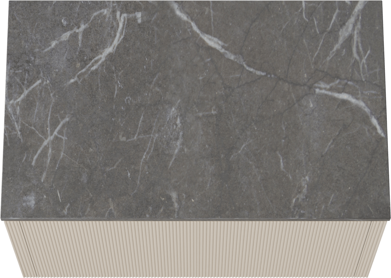 Balmani Eclips zwevend badkamermeubel 90 x 55 cm Sandbeige met Stretto enkel tablet in Pietra Grey marmer, Verticale symmetrische rechte ribbel