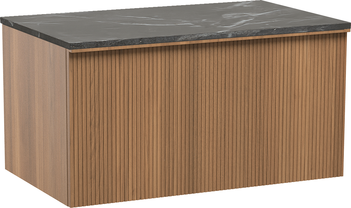Balmani Forma hängendes Möbelstück Set: 90 x 55 cm, Teak, mit Stretto Einzel Waschtischplatte, Marmor, Pietra Grey, Vertikale symmetrische gerade Rippe